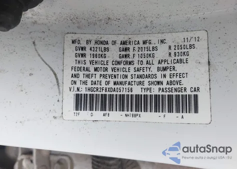 2013 Honda Accord Ex-L from USA, damaged, VIN 1HGCR2F8XDA057156